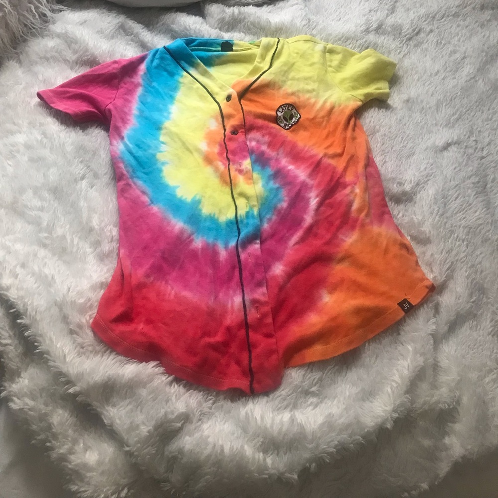 Tie dye button down “later nerds” shirt !